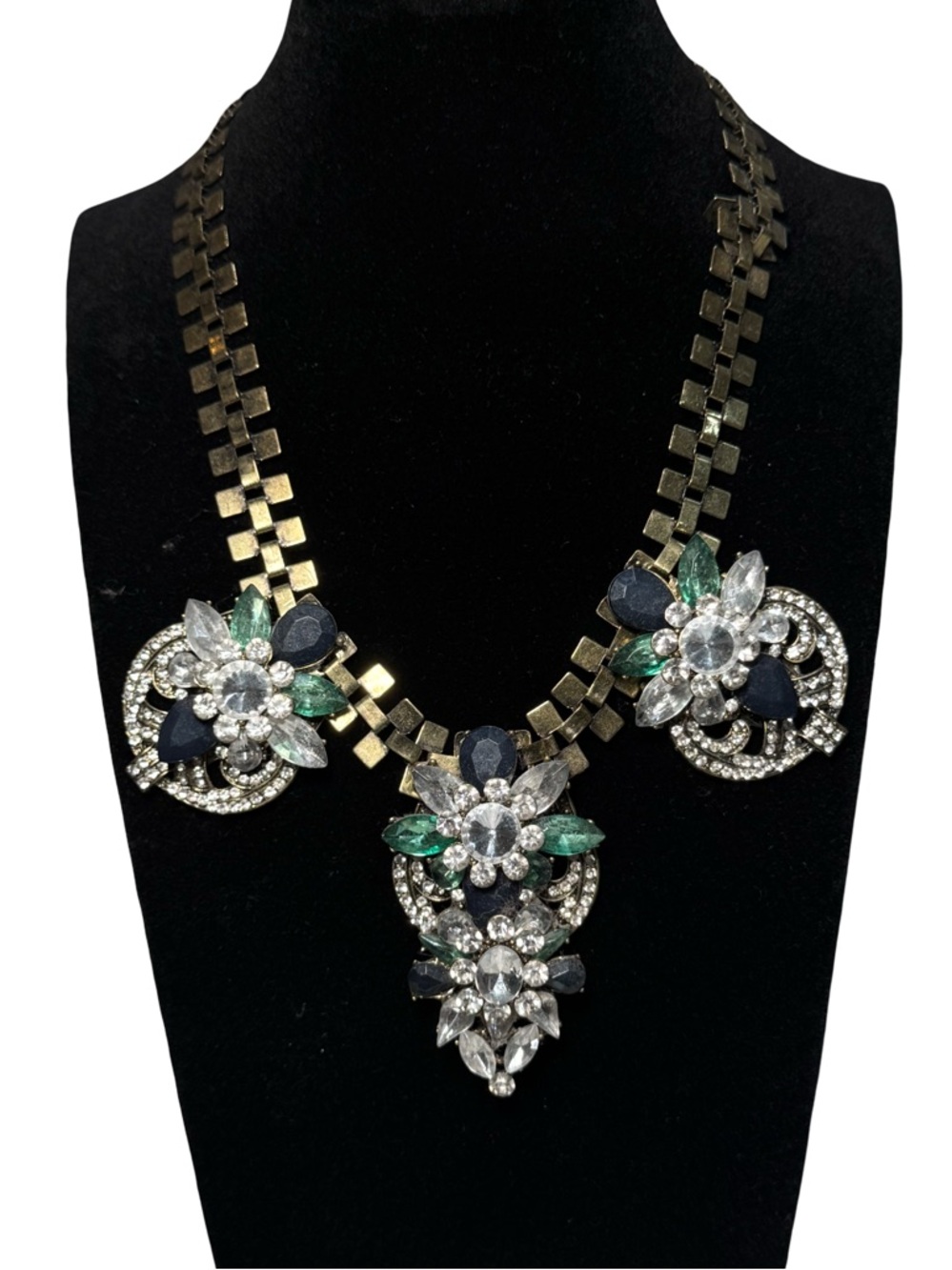 💙 ✨ Emerald Green/Dark Navy Blue/Rhinestone Statement Accent‎ Necklace Gold ✨💙